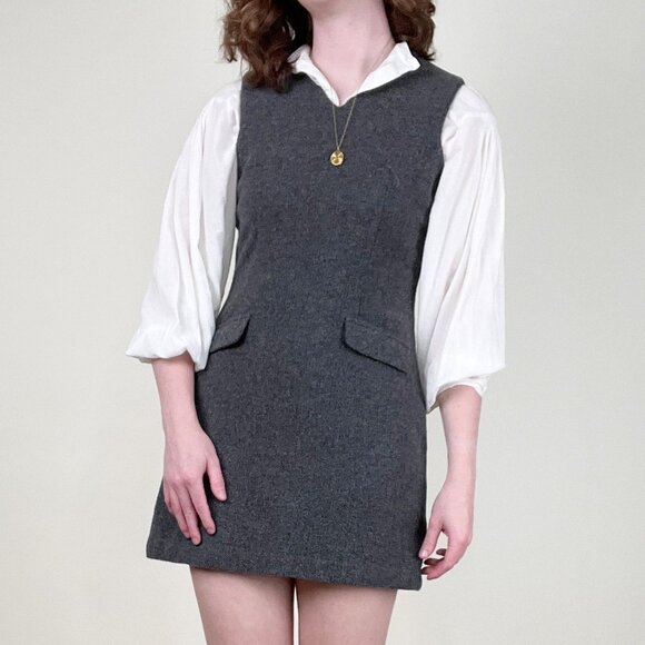 Vintage Wool Pinafore Mini Dress Preppy Dark Light Academia Fall Winter 90s Y2K - Picture 5 of 10